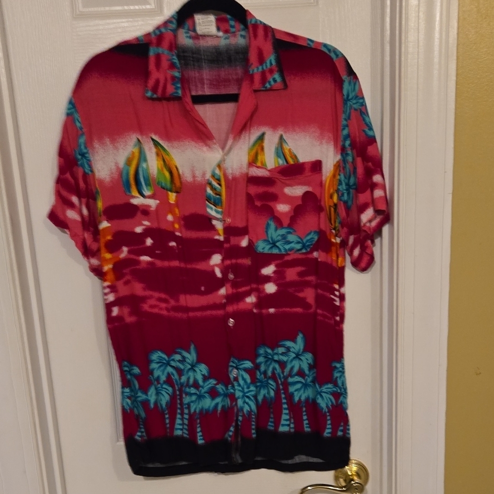 Casual Red and Blue Button Down Shirt with Tropical Design